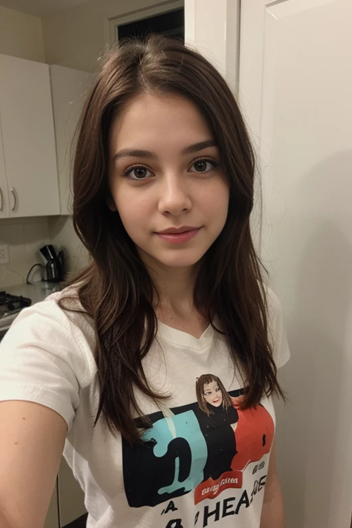 Female 22 years old. long brown hair. labios gruesos. color de ojos verdes. carita bonita, en la refrigerador . Con una blusa con tirante color celeste. Posando con una mano en el cabello, selfie with front camera