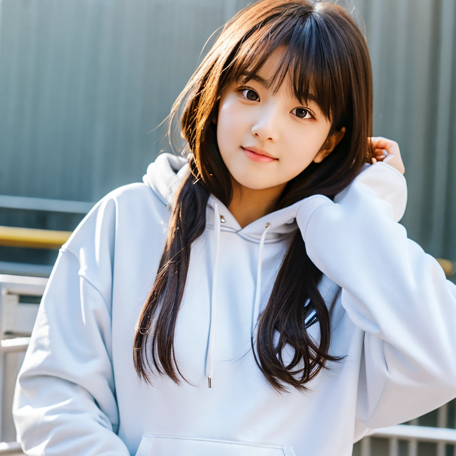 A girl wearing a baggy hoodie