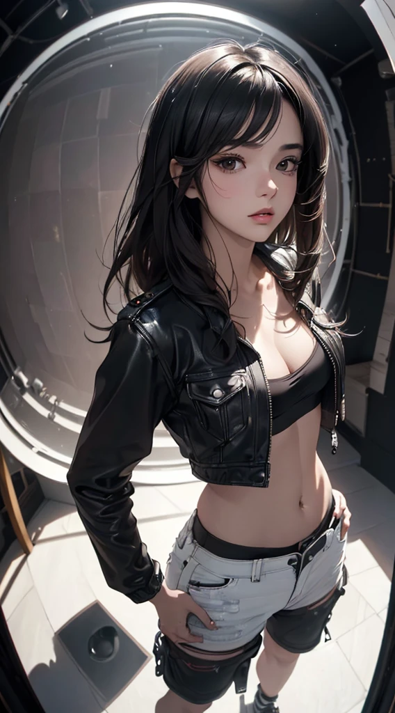((8k wallpaper of extremely detailed CG unit, masterpiece, hight resolution, top-quality)), (a very beautiful woman, Hands in pockets:1.5, Grunge Fashion:1.2, Wearing a blouson:1.2, Wearing micro mini shorts:1.2, Wearing shoes:1.1), ((extra detailed face, Highly detailed black eyes, extra detailed body, Top quality real texture skins)), (A dark-haired, de pele branca, Exposed belly), (with a pure white background), (high-angle:1.2, Fisheye:1.3), hyper realisitic, digitial painting,
