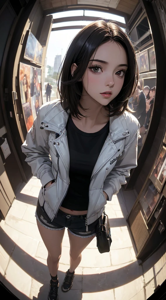 ((8k wallpaper of extremely detailed CG unit, ​masterpiece, hight resolution, top-quality)), (a very beautiful woman, Hands in pockets:1.5, Grunge Fashion:1.2, Wearing a blouson:1.2, Wearing micro mini shorts:1.2, Wearing shoes:1.1), ((extra detailed face, Highly detailed black eyes, extra detailed body, Top quality real texture skins)), (A dark-haired, de pele branca, Exposed belly), (with a pure white background), (high-angle:1.2, Fisheye:1.3), hyper realisitic, digitial painting,