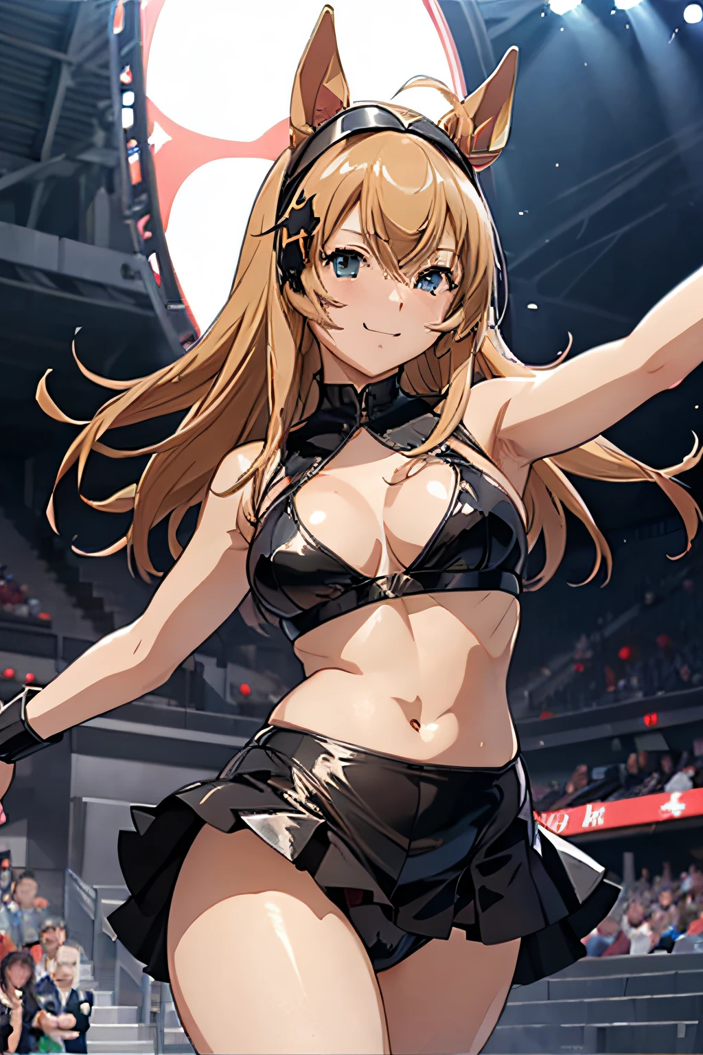 ((Marl、Horse ear headband、fake horse ears))、(stadio、lightly dressed、Valley、full body Esbian、Beautiful legs)、(Ikki Tosen、what do i call、Light hair color、Raise your arms to show your armpits)、1girl in、master piece、japanaese girl、absurderes、hight resolution、ultra-detailliert、depth of fields、masterpiece、extremely details CG、3D Photography、3D background、Unity、8K、Hi-Res、top-quality、shadowy、foco nítido、pale-skinned、A detailed eye、blurry backround、dynamic ungle、Exaggeration of gloss、best super feat、a closed mouth、Look at viewers、cute smile face、Red cheeks、Portraits of beautiful women drawn by Sui Ishida'painting of a、superclear