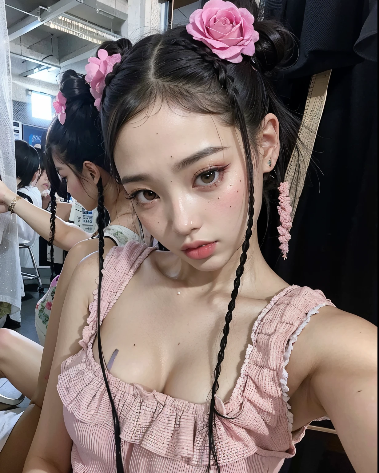 Hay una joven con flores rosas en el pelo., peinado de coletas, Peinado twintails, Kiko Mizuhara, Jossi de Blackpink, Blackpink Jennie, Dos coletas peinado, Sha Xi, Xintong Chen, con coletas negras, Yoshitomo Nara, Chiho, Wenfei Ye, coleta, Parque Roseanne de Blackpink