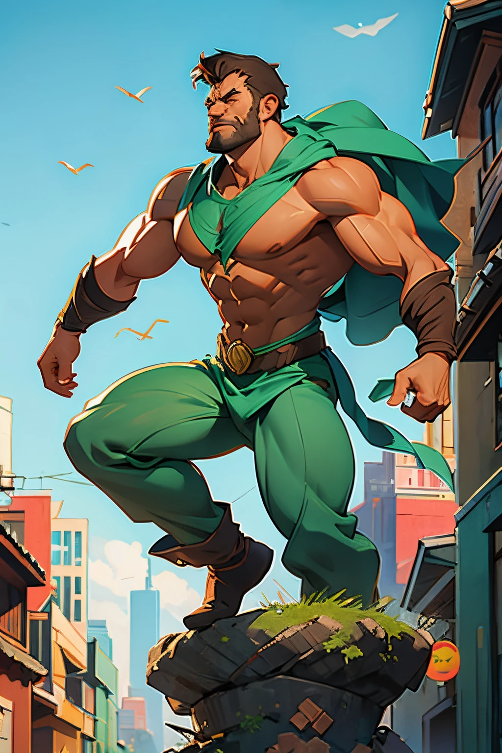 City background, superhero, man, muscular, wooden skin, levitating, lot of trees