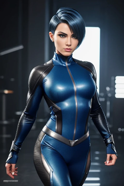 4k highly detailed realistic female superhero dressed in cropped carbon fiber, blue hair in a short undercut bob hairstyle, hair covering one eye, ((sharp Jawline)), (full body Including Legs), Seduction and fantastic poses