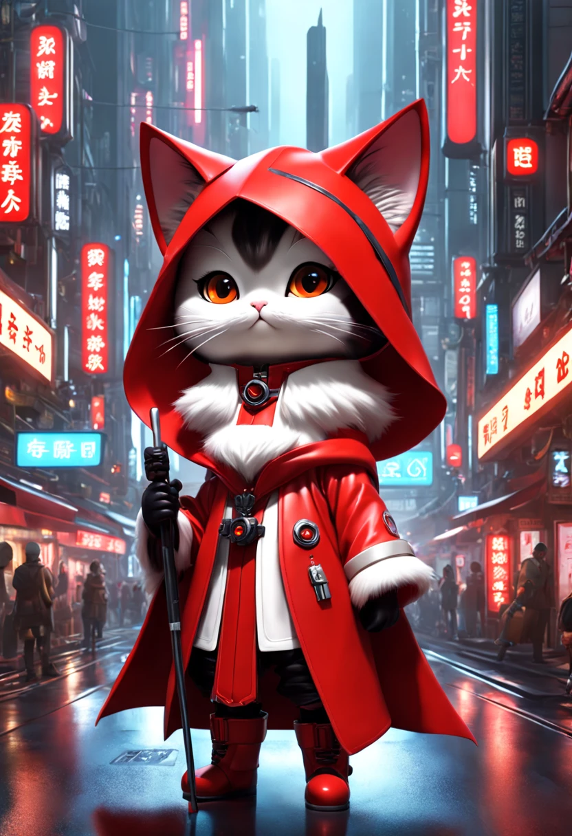 One wears、cat wearing red cloak, Cyberpunk dystopian style, Charming characters, Huang Shilin, Full of energy and action, Randomly dispersed, white and orange, Flick, Surreal atmosphere style, Michael Cormack, put one's oar in, Code-based authoring, intense close-ups, real time transmission, Featured animals, Charming characters, kawaii chic style, 32k ULTRAHD, air brush art, Detailed miniature model, Dark, miki asai tiles, 32k ULTRAHD, Dark beige and red, Kawaii art style, Photorealistic rendering, 32k ULTRAHD, Detailed pubic hair, Charming illustration, Player core,(Best quality,4K,8K,A high resolution,tmasterpiece:1.2),ultra - detailed,(actual,realistically,realistically:1.37),