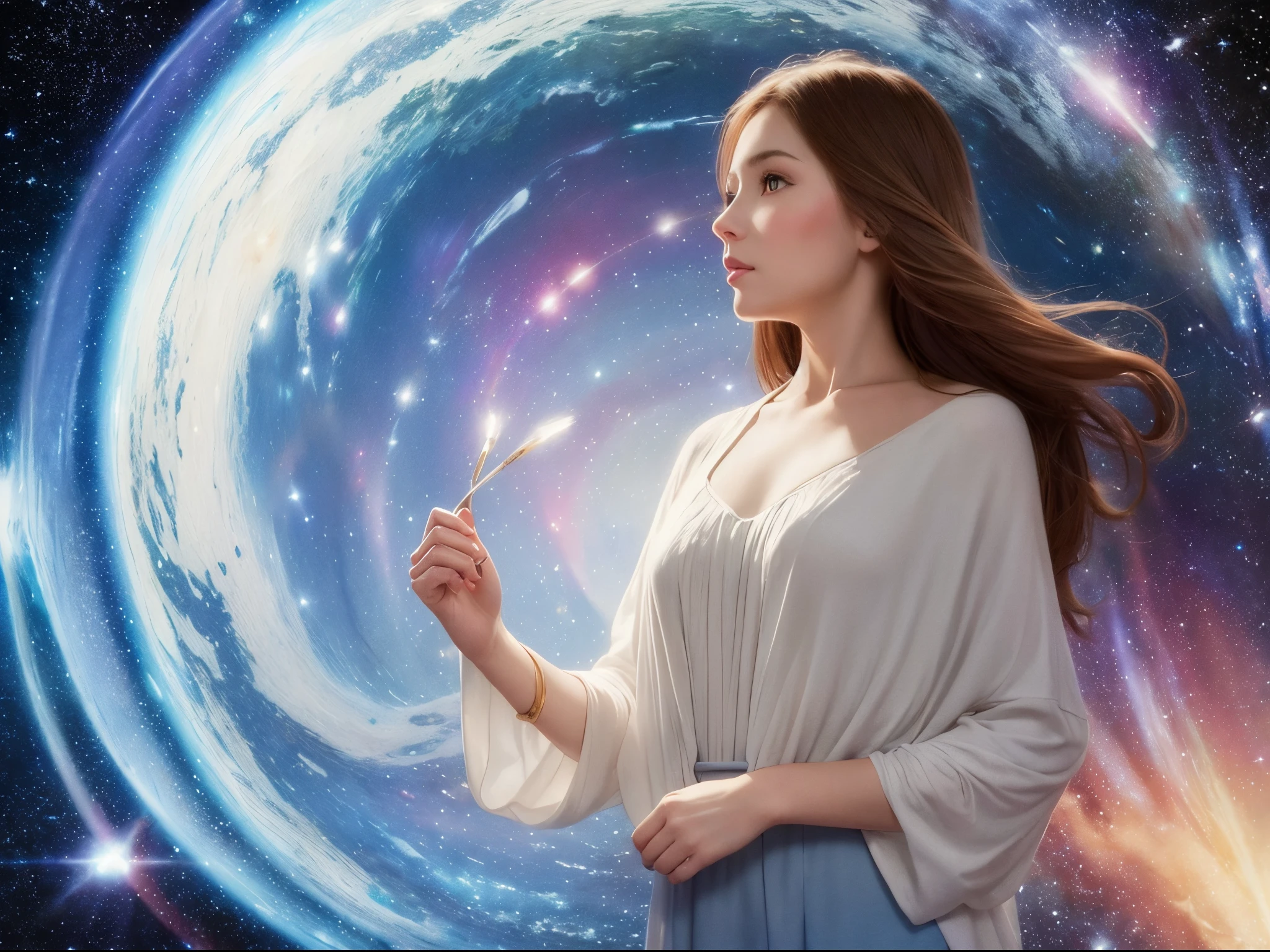 Paint a watercolor scene capturing the ethereal beauty of space, with the Enterprise NCC-1701 gracefully exploring distant galaxies. Reference the soft and dreamy watercolor style of artists like Alphonse Mucha.