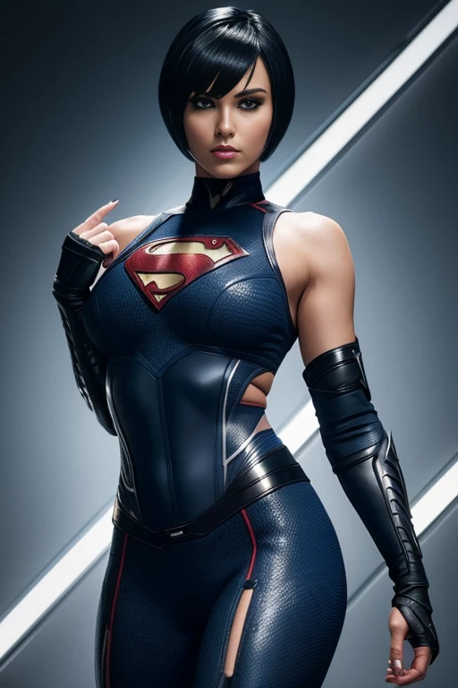 4k highly detailed realistic female superhero dressed in cropped carbon fiber, blueblack hair in a short undercut bob hairstyle, hair covering one eye, ((sharp Jawline)), (full body Including Legs), Seduction and fantastic poses