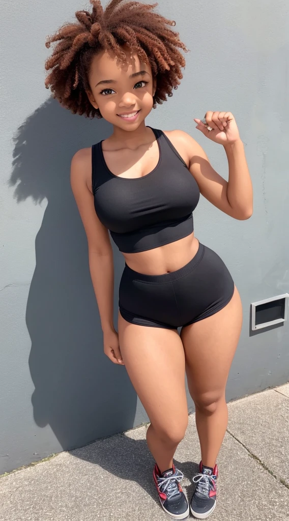 Black girl, contagious smile, round face, 1.50 tall, , curly red hair, blue eyes, perfect breasts, perfect butt, toned legs. Clothing: short t-shirt, tight shorts and sneakers. Confident pose with a delicate personality, with a black background.