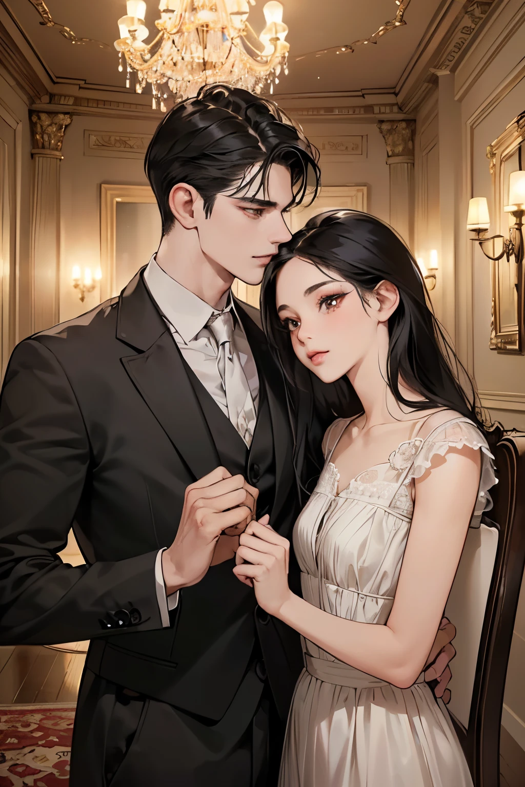 (masutepiece, Digital Art, Digital Illustration, 4K, 8K, Ultra-detailed, beautiful image, Sharp Image, Photorealistic, Raw photo, Perfect face, Perfect lines, Perfect eyes, Soft lighting) 1 woman, (Long Black Hair,straight haired,Bullish gaze,Beautie,Woman in suit,Solid makeup,23 y-o woman,small tits:1.3),Secretary, Two handsome men in suits, (ember,Men in suits,well-muscled,Firm shoulder width, Man's,Boyish hairstyle,English gentlemanly style,Man in his 30s with a cool expression,28-year-old man with bright smile:1.2),Office scene at night,Antique furnishings,Antique Clamps,Antique chair,chandeliers,Parti、a couple、couple kissing、kiss、the kiss、Romance、Kissing、Antique furnishings