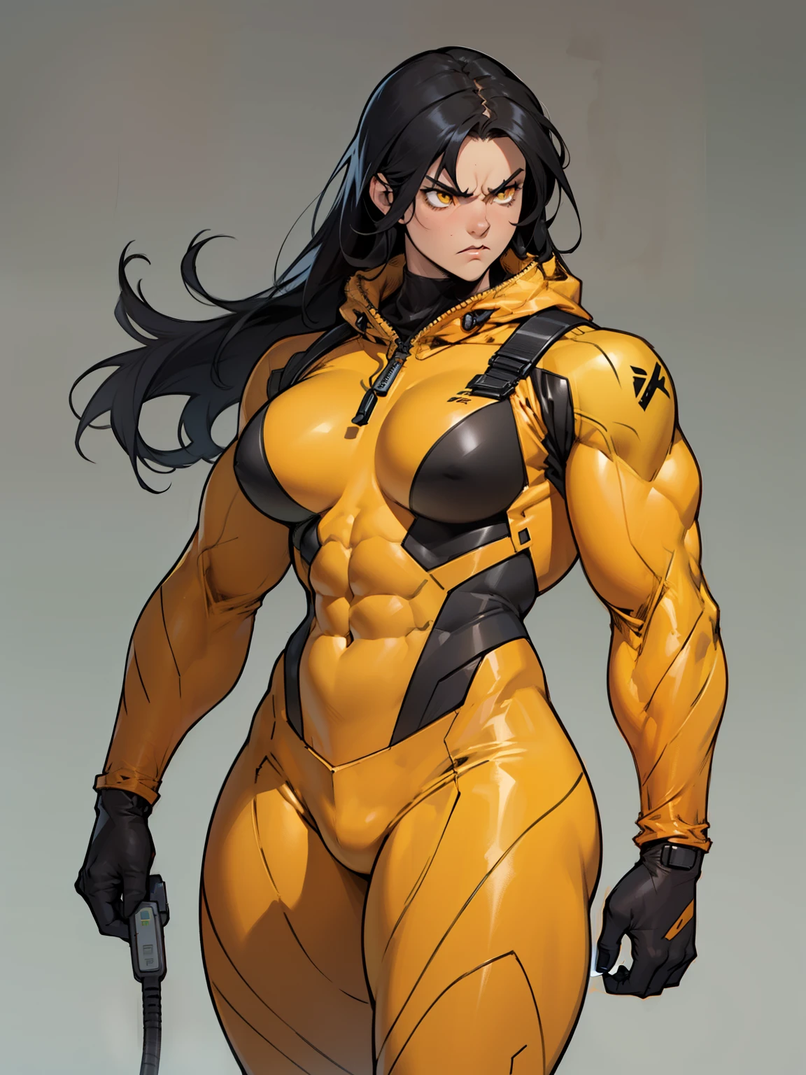((1 girl)), solo, black hair, extremely long hair, yellow eyes, (angry), pale skin, (((((((muscular))))))), ((thick thighs)), ((huge breasts)), (((plug suit))), (((wide hipountain range background