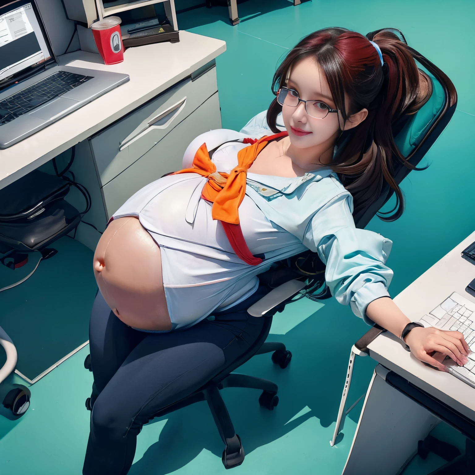 Pregnant woman sitting at computer desk，Laptop in hand, prengant, Pregnant belly, pregnant female robot, be  pregnant, (SFW) work insurance, feeling of maternal love, On a table, van Baal and the list, Eyes glass color hair，black ponytail，Eyes glass color hair，Photo real txt very real，Glasses frames