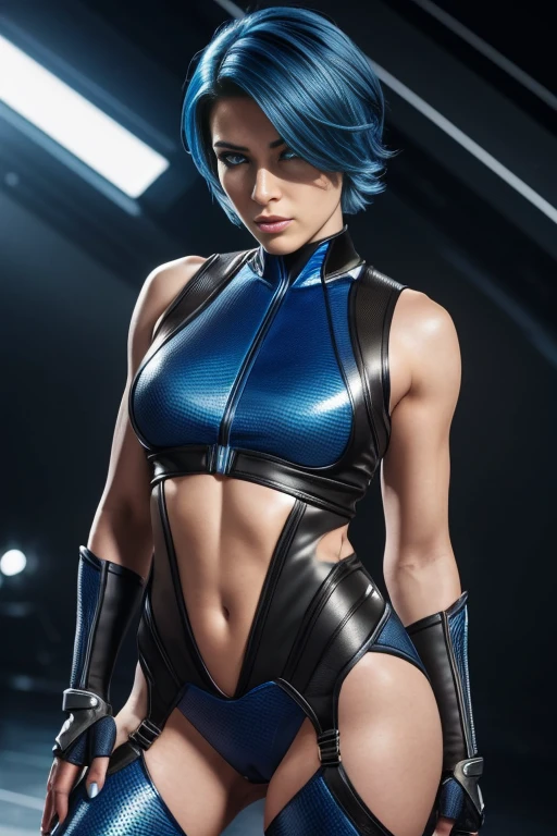 4k highly detailed realistic female superhero dressed in cropped carbon fiber, bright blue hair in a short undercut bob hairstyle, hair covering one eye, ((sharp Jawline)), (full body Including Legs), Seduction and fantastic poses