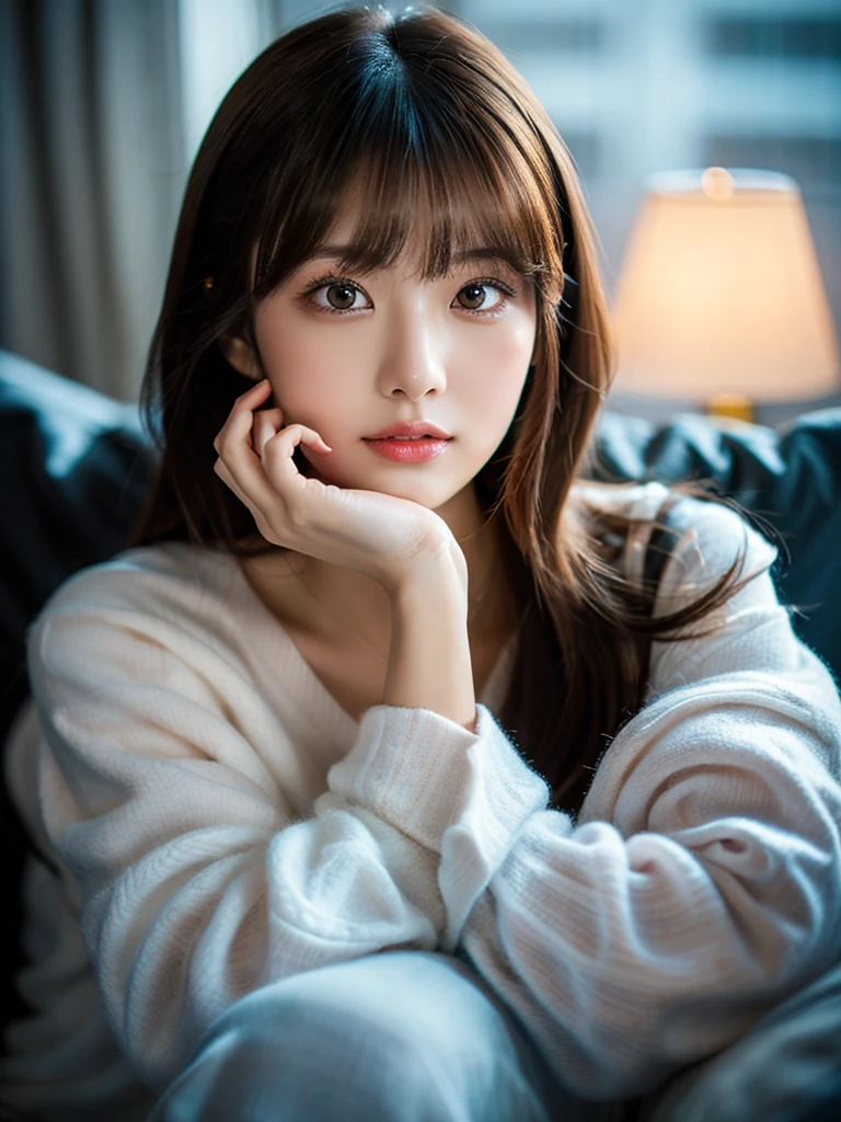 Highest Quality, masterpiece, unbelievably beautiful, very delicate 8k wallpaper, Transcendently Beautiful Girl, girl watching tv on the sofa, japanese, 20 year old, sexy pajamas, wariza,Cute and very detailed eyes, Cherry-heart-shaped lips, ((room at night)), ((dark light)), dark ilumination, Detailed eyes, detailed facial features, detailed arms, Detailed fingers, Detailed legs