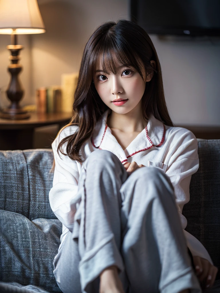 Highest Quality, ​masterpiece, unbelievably beautiful, very delicate 8k wallpaper, Transcendently Beautiful Girl, girl watching tv on the sofa, japanese, 20 year old,  sexy pajamas, wariza,Cute and very detailed eyes, Cherry-heart-shaped lips, ((room at night)), ((dark light)), dark ilumination, Detailed eyes, detailed facial features, detailed arms, Detailed fingers, Detailed legs