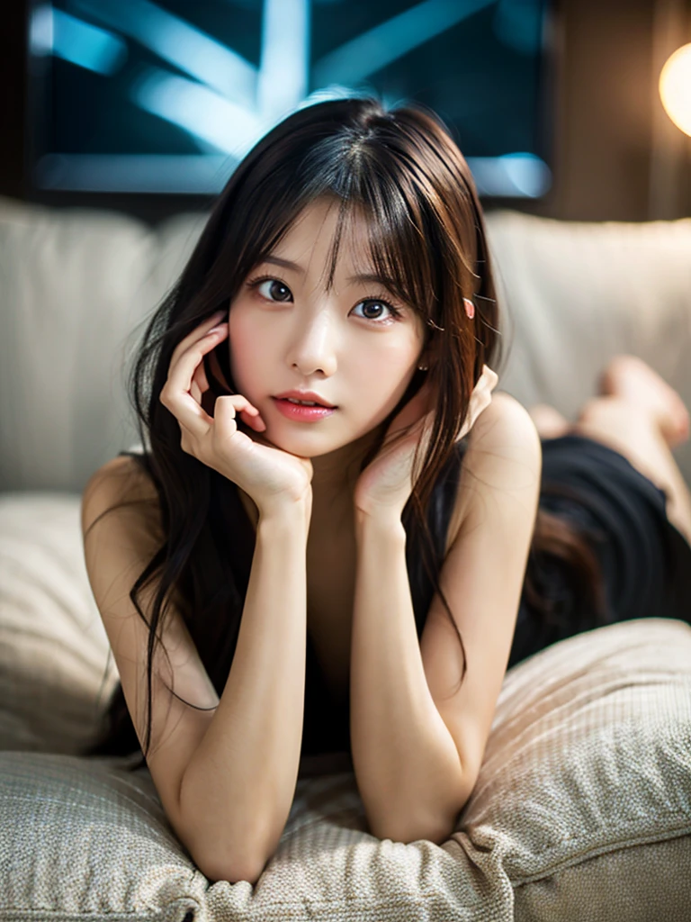 Highest Quality, ​masterpiece, unbelievably beautiful, very delicate 8k wallpaper, Transcendently Beautiful Girl, girl watching tv on the sofa, japanese, 20 year old,  sexy pajamas, wariza,Cute and very detailed eyes, Cherry-heart-shaped lips, ((room at night)), ((dark light)), dark ilumination, Detailed eyes, detailed facial features, detailed arms, Detailed fingers, Detailed legs
