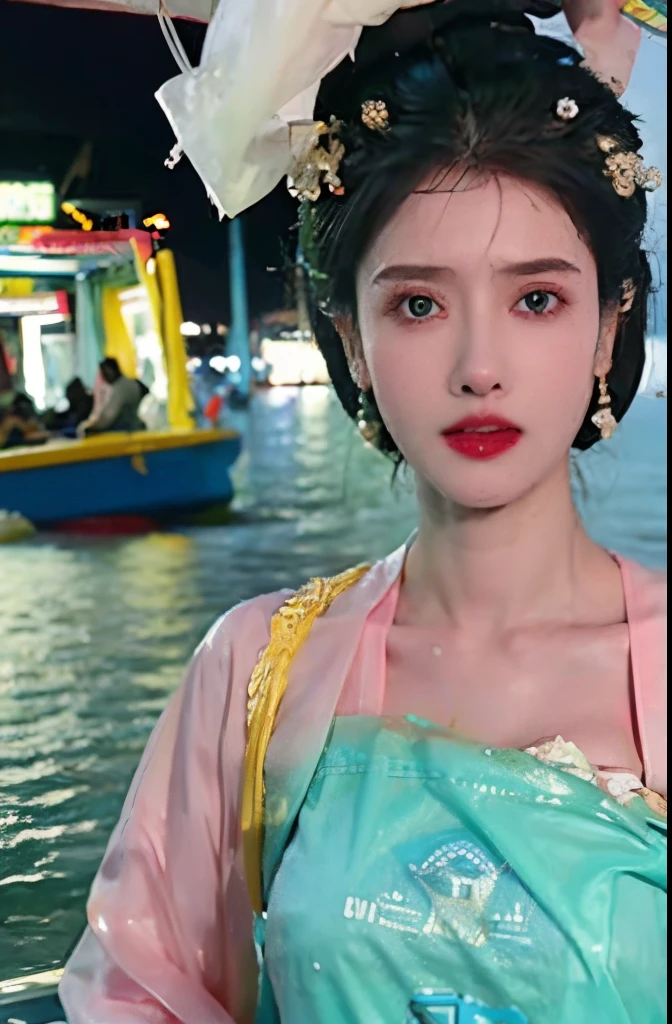 The highest image quality, tmasterpiece, super tall:1.4), Number of photos, 1 girl in,Highly Detailed Face and Skin Textur, 詳細な目, photorealistic eye, beautiful detailed eyes, (Realistic skin), Attractive, Ultra-high sharpness, hyper realisitc, Very meticulous, the golden ratio, (sweatshirts, water leakage, hori&#39;It&#39;s too dark, be desperate, compassionate, Poor, 电影灯光, watery big eyes, watery big eyes, (Torn clothes: 1.5), ((wetclothes: 1.4)), shoulder, True rain, Wet hair, ((Korea, of the whole body