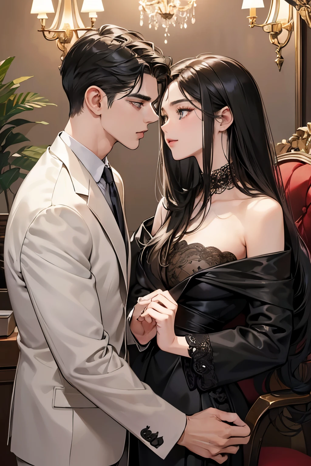 (masutepiece, Digital Art, Digital Illustration, 4K, 8K, Ultra-detailed, beautiful image, Sharp Image, Photorealistic, Raw photo, Perfect face, Perfect lines, Perfect eyes, Soft lighting) 1 woman, (Long Black Hair,straight haired,Bullish gaze,Beautie,Woman in suit,Solid makeup,23 y-o woman,small tits:1.3),Secretary, Two handsome men in suits, (ember,Men in suits,well-muscled,Firm shoulder width, Man's,Boyish hairstyle,English gentlemanly style,Man in his 30s with a cool expression,28-year-old man with bright smile:1.2),Office scene at night,Antique furnishings,Antique Clamps,Antique chair,chandeliers,Parti、a couple、couple kissing、kiss、the kiss、Romance、Kissing、Antique furnishings