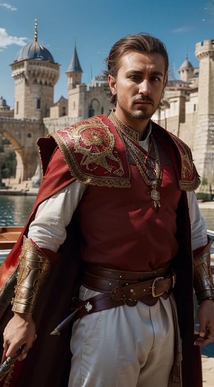 ((masterpiece))), (((best quality))), ((ultra-detailed)), (hyper-realistic), (highly detailed CG illustration), cinematic light, photorealistic, man in front of a castle),(Ottoman Empires Warriors) (Turkish Flag) light, intricate makeup and detailed eaba, red cape, spear, (boat)