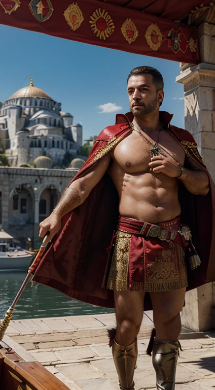 ((masterpiece))), (((best quality))), ((ultra-detailed)), (hyper-realistic), (highly detailed CG illustration), cinematic light, photorealistic, man in front of a castle),(Ottoman Empires Warriors) (Turkish Flag) light, intricate makeup and detailed eaba, red cape, spear, (boat)