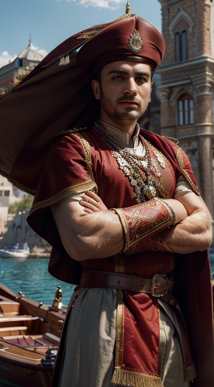 ((masterpiece))), (((best quality))), ((ultra-detailed)), (hyper-realistic), (highly detailed CG illustration), cinematic light, photorealistic, man in front of a castle),(Ottoman Empires Warriors) (Turkish Flag) light, intricate makeup and detailed eaba, red cape, spear, (boat)