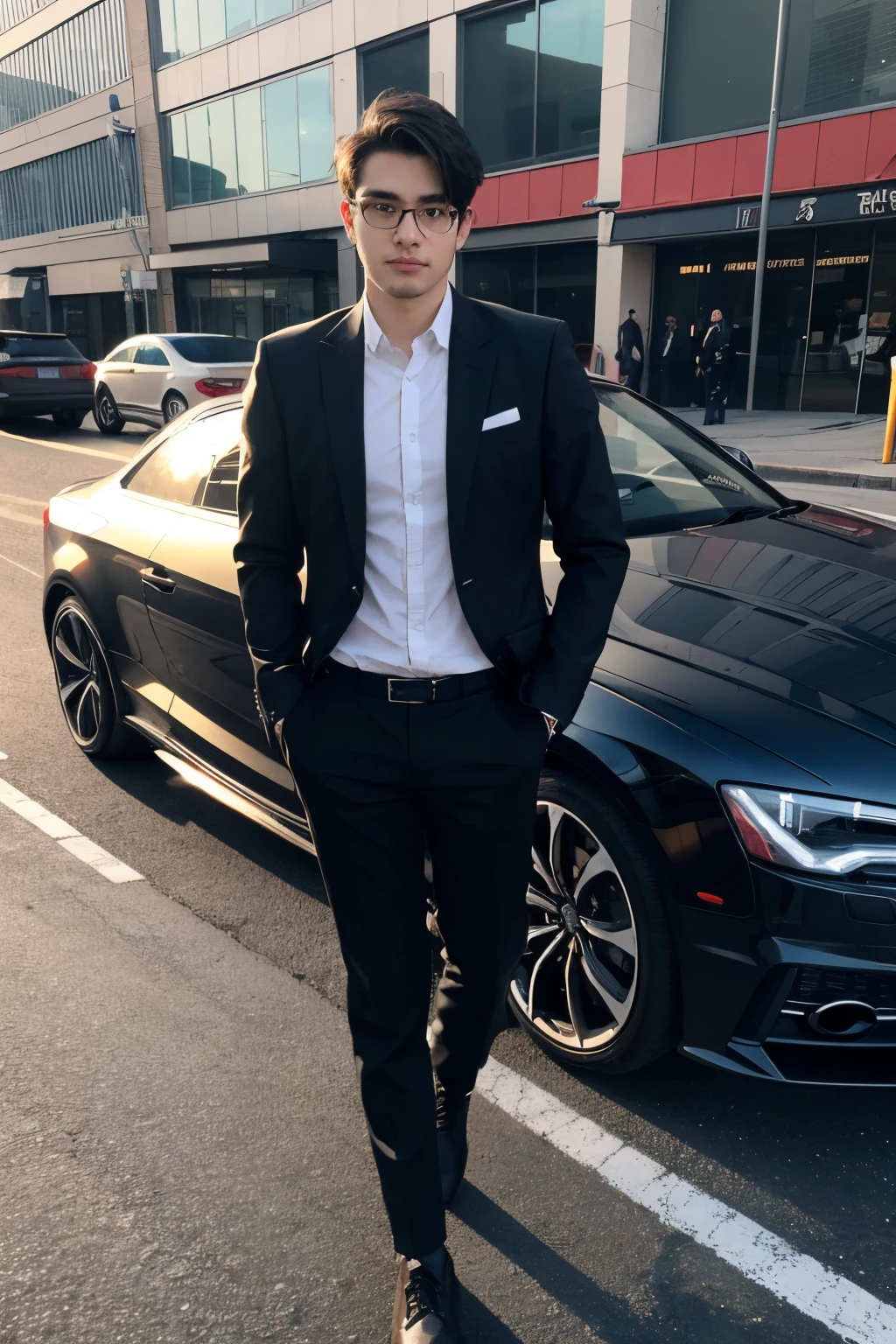 cool guy,Good-looking,Do not wear glasses,Successful IT Director,Aged between 25-30 years old,A little stronger,dressed in a suit,Standing in front of an Audi。