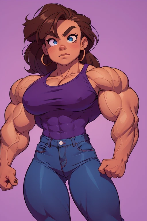 muscle girl with High cheekbones and a strong jawlineflexing muscles wearing purple muscle shirt and light blue jeans with fists on hips, her hair a rich chestnut brown, giving her a dynamic and youthful appearance, muscle woman, big muscles, huge muscles, massive muscles, muscle girl, bronze skin, Her facial features are a mix of determination and kindness, with expressive eyes that radiate a sense of adventure