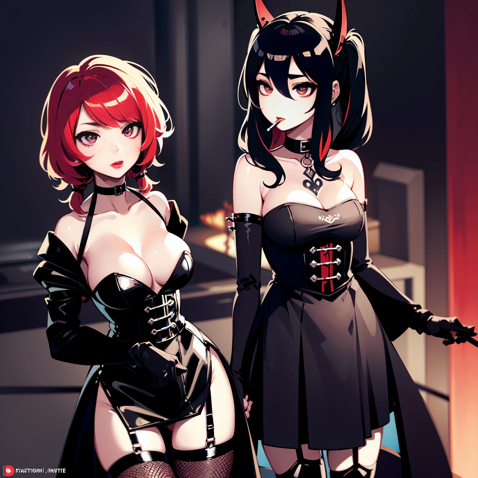 fishnets, ((solo, solo focus, solo girl,1girl))++,(evil dominatrix shadybug Marinette Dupain-Cheng)+++,low_twintails, red_hair, two tone hair, multicolored_hair, black_hair, solo, short_hair, high_heels, garter_straps, thighhighs, piercing, bare_shoulders, collar, nipple_piercing, red_eyes, thioots, corset, boots, lips, small_breasts, standing, looking_at_viewer, no_panties, gloves, makeup, garter_belt, full_body, lipstick, black_legwear, thighs, thick_thighs, parted_lips, coat, shiny, cleavage, dress, strapless, black_footwear, evil_red_eyeackground, large_breasts, areolae, shiny_skin, choker, grey_background, red_lipstick, black_gloves, blush, pubic_hair, detached_sleeves, no_bra, cumdrip, personification, high_heel_boots, black_lipstick, tattoo, elboloves, eyeshadow, bdsm, smoking, bangs, watermark, off_shoulder, strapless_dress, paris background, empty red eyes,(Realistic:1.2), (Masterpiece:1.2), (full-body-shot:1),(cowboy shot:1.2), neon lighting, dark romantic lighting, (Highly detailed:1.2),(Detailed Face:1.2), Colorful, A detailed eye, (Detailed landscape:1.2), (natural lighting:1.2), near((evil fall Marinette Dupain-Cheng) by Giger ((evil fall Marinette Dupain-Cheng) by Vincent Di Fate: Aidyllery, Anamorphic Shot, ((evil fall Marinette Dupain-Cheng) of the Abyss, intricate complexity, rule of thirds, face by Artgerm and WLOP,