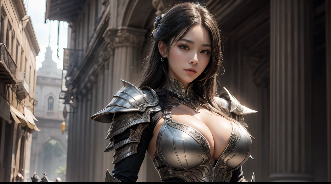 ultra - detailed, The beautiful, tmasterpiece, Best quality, Delicate and beautiful round eyes, beautiful  detailed face, mid - length hair, random hair style, Random color hair, random eyes color, forehead, in silver and black dress, chengwei pan on artstation, author：heroes, detailed fantasy art, Stunning character art, Fan Art Best Art Station, Epic and beautiful character art, beautiful armor, Very detailed ArtGerm, Fully detailed armor, detailed digital anime art, Artgerm on ArtStation Pixiv, Armor Woman, (humongous large breast, (humongous large breast:1.1), Bust thickness, thick-waisted), (Wide hips:1.4, upper legs, body  beautiful), Mature woman, Ancient ruins, beatiful background, 1 plump girl, Alone，Full-body photography, express in detail