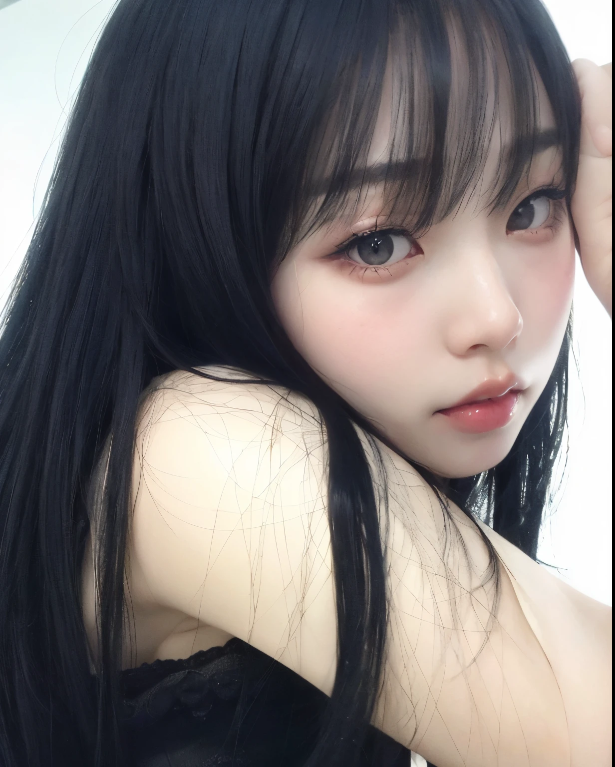 a close up of a woman with long black hair posing for a picture, ulzzang, beautiful japanese girls face, girl cute-fine-face, black hime cut hair, 奈良美智, shikamimi, sui ishida with black hair, she has black hair with bangs, sakimichan, korean girl