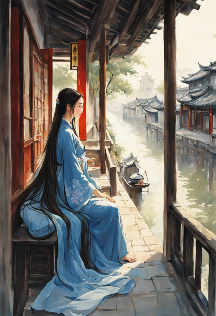 painting of ancient china, jiangnan, old town, canal town, water town, Shuzhou, Xitang, summer, ung beautiful woman with long hair, long flowing robes, sitting on the porch, turning back