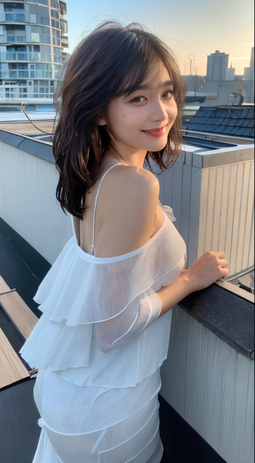A woman in a white dress standing on a balcony - SeaArt AI
