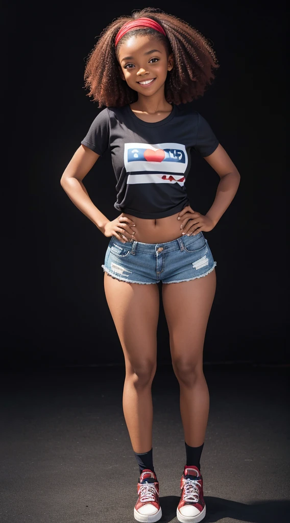 Black girl, contagious smile, round face, 1.50 tall, , curly red hair, blue eyes, perfect breasts, perfect butt, toned legs. Clothing: short t-shirt, tight shorts and sneakers. Confident pose with a delicate personality, with a black background.