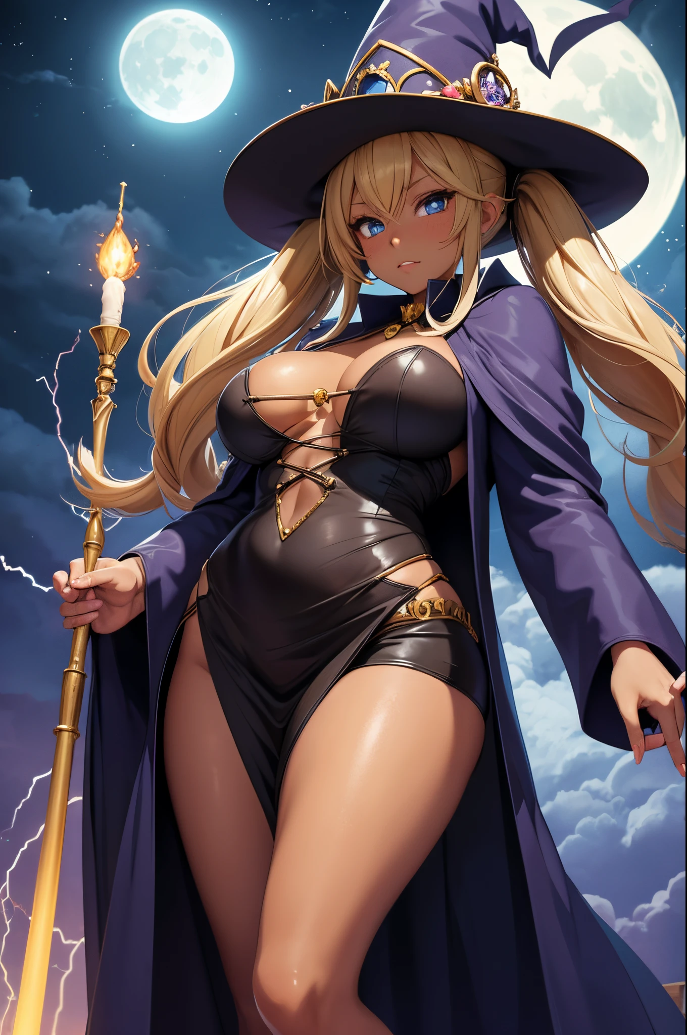 Female gyaru, dark brown skin, twintail blonde hair, blue eyes, large breast, in a witches robe and witches hat. Casting a lightning spell from her staff with the moon and a tower in the background