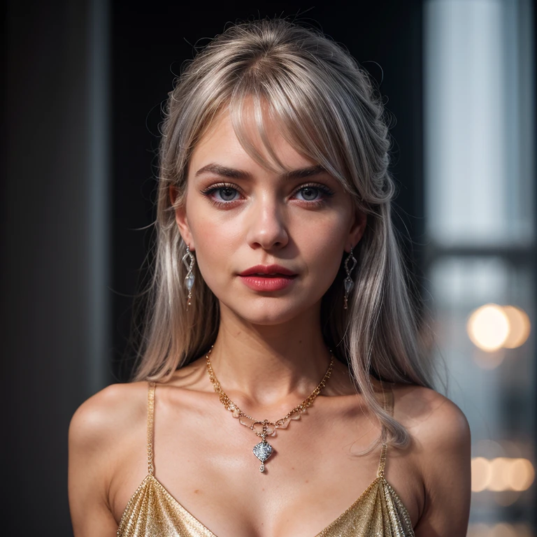 silver hair girl, fair glowing skin, blue eyes, perfect contrast, balance light, perfect body, wearing red sweart,close up, full length body, wearing gold necklace and earring, soft lips, highest quality, 8k, ultra detailed image