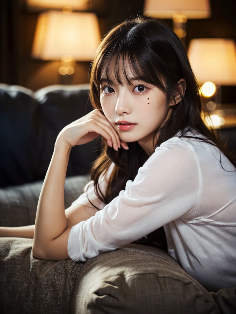 Highest Quality, ​masterpiece, unbelievably beautiful, very delicate 8k wallpaper, Transcendently Beautiful Girl, girl watching tv on the sofa, japanese, 20 year old, {{less mole}}, ((long hair)), ((wavy hair)), ((looking away)), sexy pajamas, wariza, Cute and very detailed eyes, Cherry-heart-shaped lips, ((room at night)), ((dark light)), dark ilumination, Detailed eyes, detailed facial features, detailed arms, Detailed fingers, Detailed legs