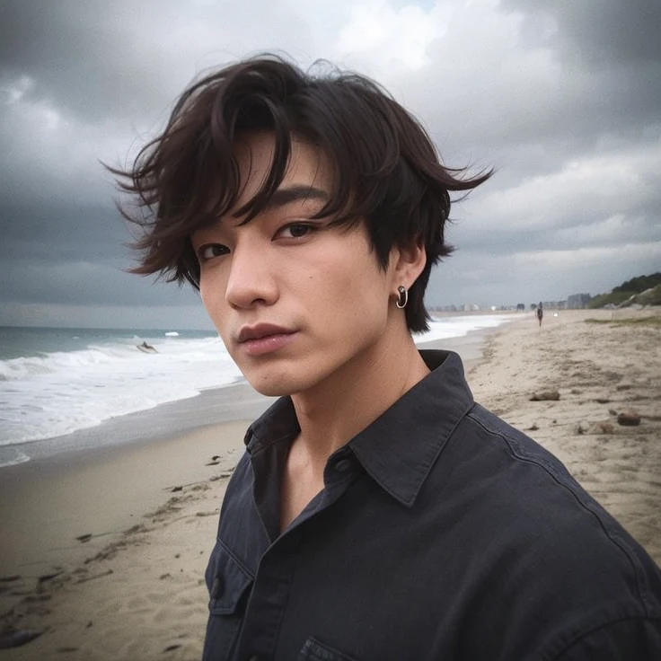 Arafed man in black shirt and red lipstick on the beach, jungkook, Taejune Kim, Hyung Tae, Jung Jaehyun, XQC, Has short, curly brown hair, Yoongi de pelo ?????, con el pelo corto, foto de perfil, Cai Xukun, Ulzzang masculino, Hong June Hyung, Hyung Tae Kim, Inspirado por Jeonseok Lee, Foto de perfil de la foto de cabeza
