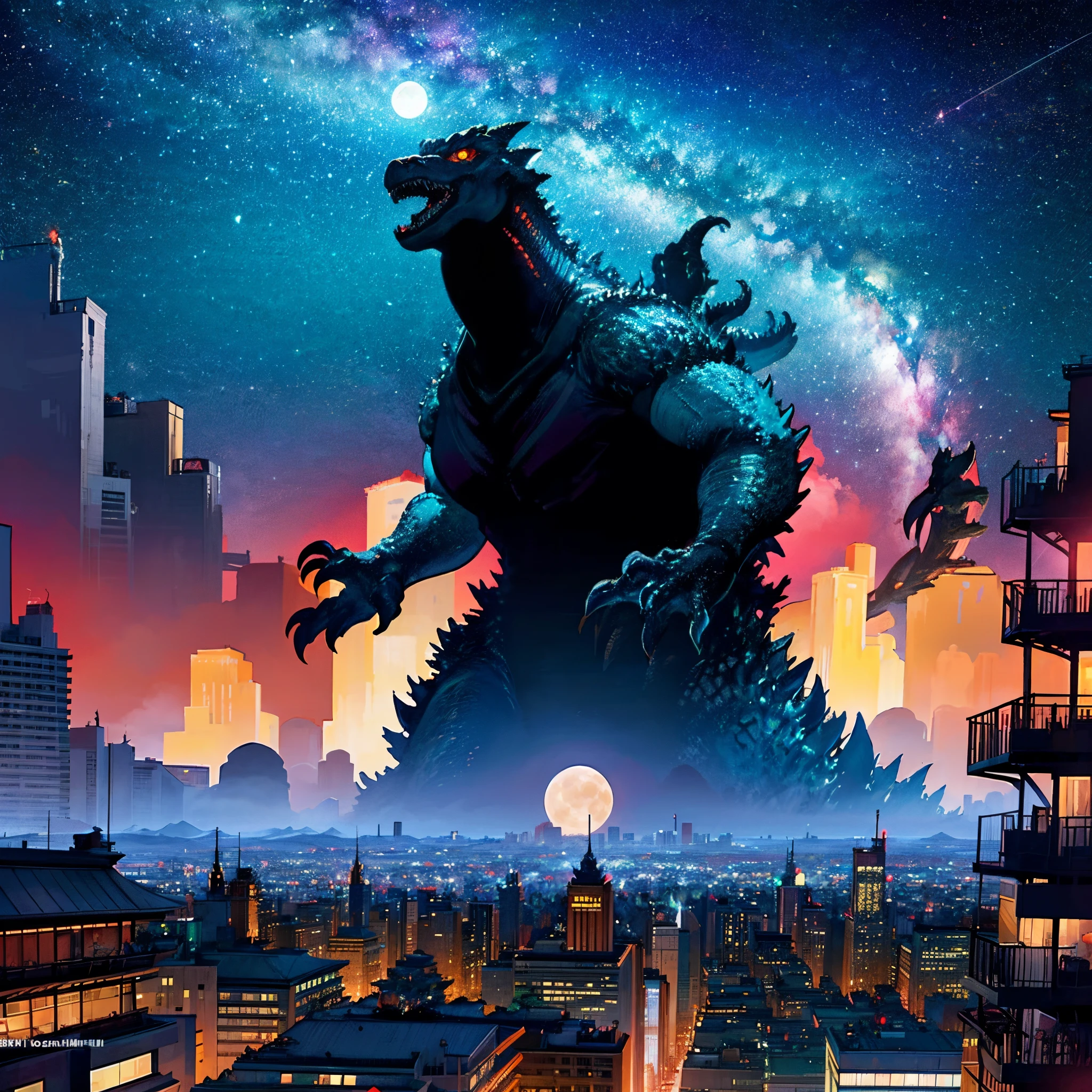 Godzilla rising above the city at night with a full moon in the background, Godzilla, Kaiju, Portrait of Godzilla, Kaiju Battle, Portrait of a Godzilla character, Studio Ghibli and Dan Mumford, giant kaiju dragon monster, Kaiju Eiga, Monsters towering over New York, Inspired by Noriyoshi Ōrai, Shin Godzilla