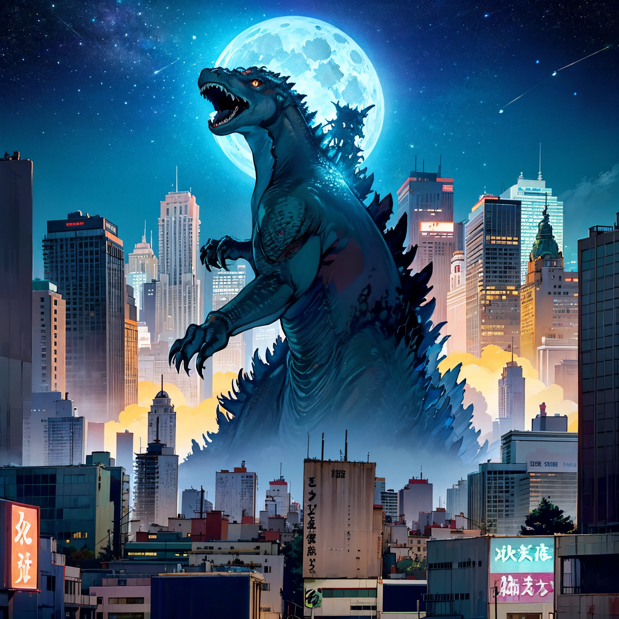 Godzilla rising above the city at night with a full moon in the background, Godzilla, Kaiju, Portrait of Godzilla, Kaiju Battle, Portrait of a Godzilla character, Studio Ghibli and Dan Mumford, giant kaiju dragon monster, Kaiju Eiga, Monsters towering over New York, Inspired by Noriyoshi Ōrai, Shin Godzilla