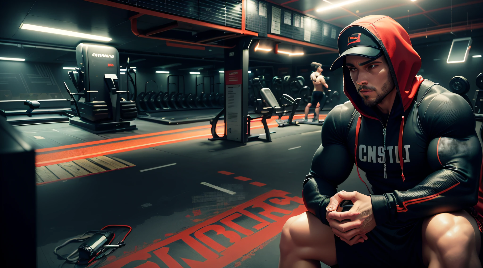 Create an irresistible image for our next video: "Best Gym Music | Treino Poderoso!" Imagine a futuristic scenario in an all-black gym, illuminated by intense core LEDs, especialmente em tons de vermelho. Destaque um fisiculturista imponente e motivado, posicionado estrategicamente no centro da cena. He wears a black blouse with a hat on his head and a cap.. (estilo cbum), personifies strength, determination and dedication to training. His posture reflects the confidence of someone who is about to overcome challenges. The color palette will be crucial. Utilize o preto como pano de fundo para enfatizar a intensidade da cena. Os LEDs vermelhos devem criar um contraste vibrante, adding a dramatic and futuristic touch. Considere distribuir estrategicamente pontos de luz vermelha para destacar o atleta&#39;muscles and create an engaging aesthetic effect. Make sure the composition conveys palpable energy and an inspiring workout atmosphere. Explore dynamic angles to emphasize the grandeur of the athlete and the modernity of the environment. Lembre-se, We want viewers to feel instantly drawn to the image and motivated to click to discover more about the best music to power their workouts.. Seja ousado, creative and make each element of the image contribute to the creation of an irresistible aesthetic that captures the public&#39;attention-getting.