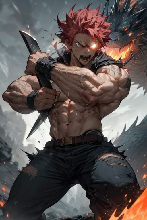 (Natsu Dragneel),angry expression,(violent,vigorously,knock down:1.2) a (huge,gigantic,enormous) dragon, with (sharp,pointy) (claws,fangs) and (scaly,rough) skin. Natsu has a (muscular,fit,buff) body, (ripped,six-pack,toned) (abs,stomach), defined (biceps,triceps), and (strong,powerful) (legs,thighs). He (wearing,dressed in) torn (black,ragged) pants and (topless,bare-chested). His (wild,spiky) (pink,rosy) hair (stands up,strands fly) in the (wind,breeze). Natsu in an (action,powerful) pose, (lunging,leaping) forward with all his (strength,might). He (holding,wielding) a (flaming,burning) (sword,blade) in his (right,left) hand, ready to strike. The (dragon,scaled beast) (roaring,snarling) (fiercely,violently), breathing (fire,flames). The (scene,background) (dark,gloomy), with (ominous,threatening) clouds and (smoke,mist) swirling around. The (lighting,atmosphere) (intense,dramatic), (accentuating,highlighting) the (fiery,passionate) battle. The (colors,tone) are (vibrant,bold), with (shades,hues) of (orange,red), (yellow,gold), and (black,dark) dominating.