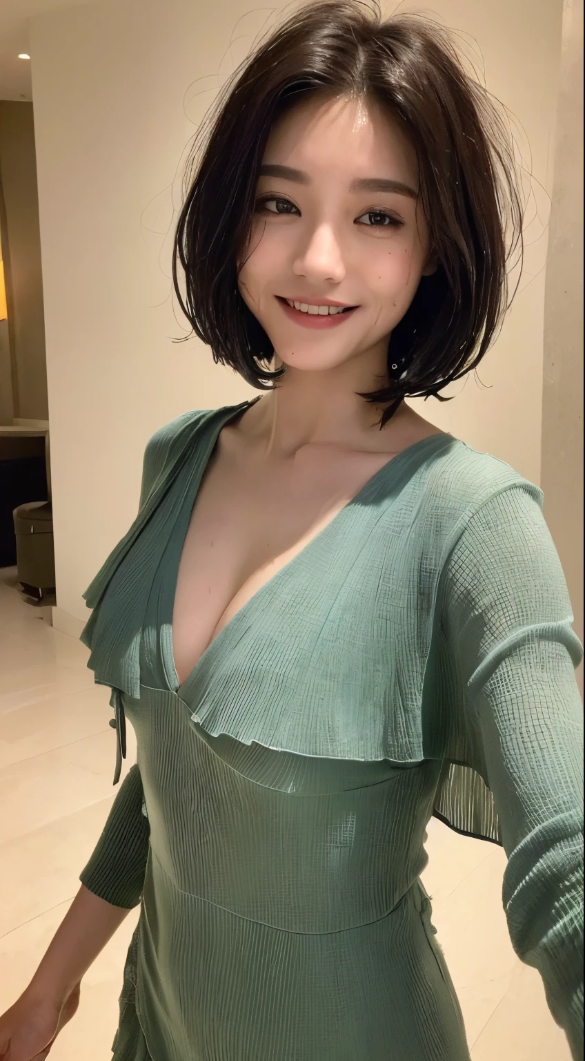 A close up of a woman in a green dress posing for a picture - SeaArt AI