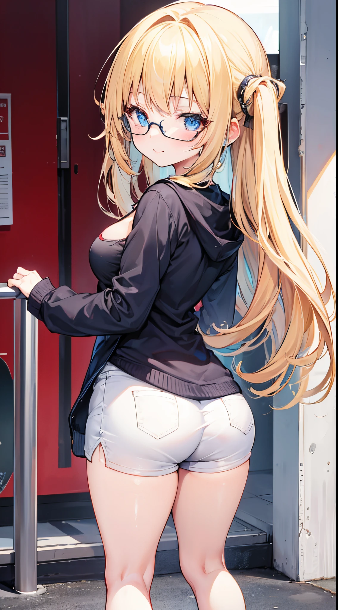 1girl, bangs, body, 13 year old girl, blonde hair, cleavage, mouth, small breasts, ass facing the viewer, back to screen, smile, tight, micro shorts 1.4, Ultra HD |, 4k image, glasses , character near the camera