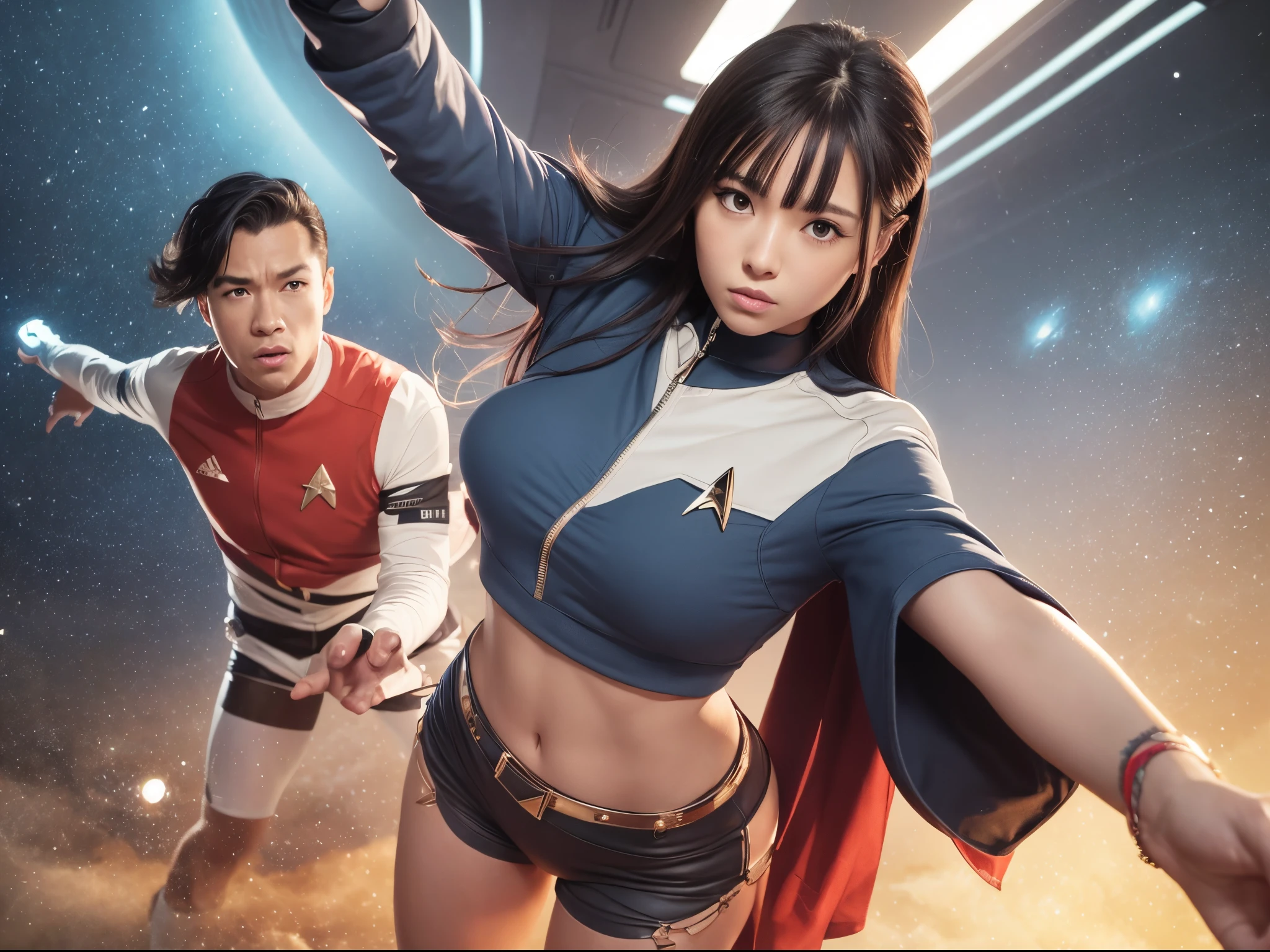 Reimagine the "Star Trek: The Original Series" crew in an anime style, with expressive eyes, dynamic poses, and a touch of interstellar adventure. Look to the anime series' dynamic styles for inspiration.