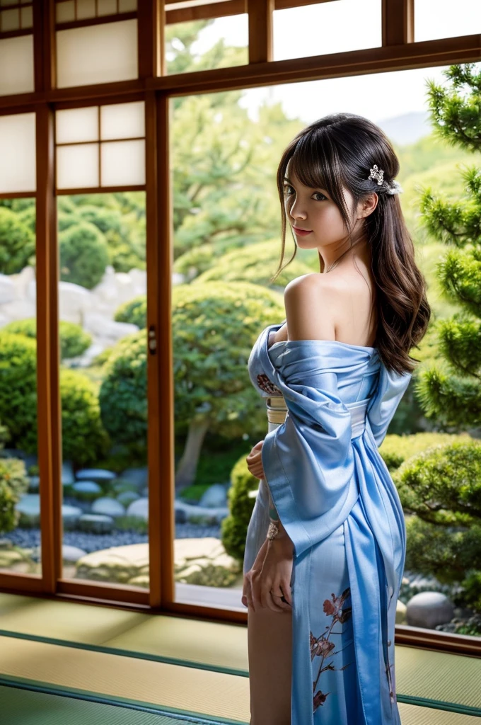 (masutepiece:1.Photoreal Stick:1.4, 8K), top-quality, masterpiece, 超A high resolution, Professional camera work, Grow Light Effect, Realistic portrait, Cinematic Light, Highly detailed skin and facial texture:1.Perfect dynamic composition, The ultra-detailliert, A detailed eye, Detailed limbs, (Japanese-style room with a view of the Japanese garden, formal hanging scroll:1.2, Format:1.5), 1girl in, 25-years old, cute sexy japanese slim woman, Fair skin, (Enraptured look:0.9, Totally captivates you:1.0), (Silver kimono:1.32 off shoulder), (voluptuous breasts:0.9), (Backshots, Calm pose), (Beautiful blue eyes, Eyes that feel beautiful eros:0.85), Sexy face:0.4, (A mouthfeel that feels beautiful eros:0.85), ((Too cute beauty:0.9))