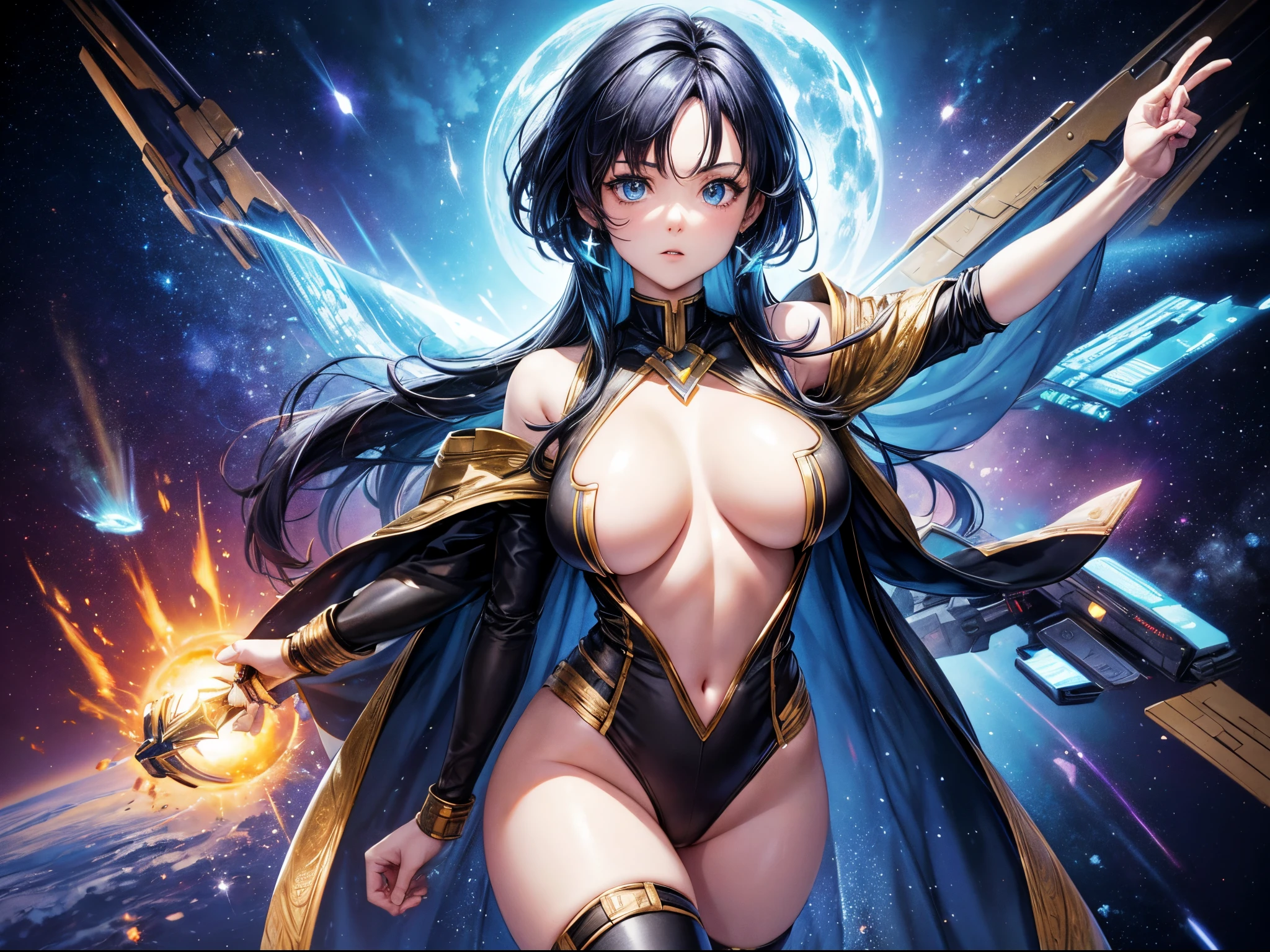 Reimagine the "Star Trek: The Original Series" crew in an anime style, with expressive eyes, dynamic poses, and a touch of interstellar adventure. Look to the anime series' dynamic styles for inspiration. enormous tits