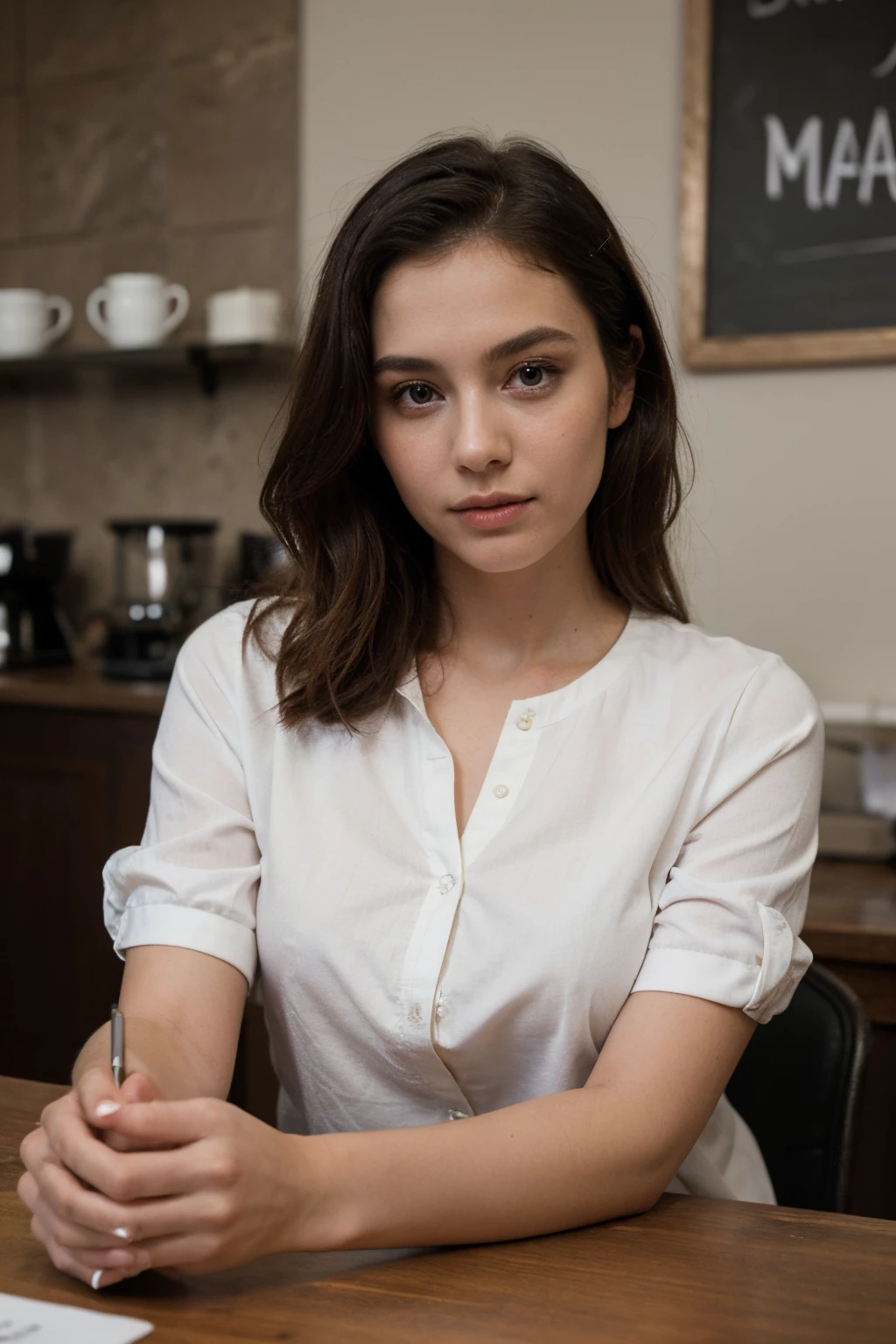 ((best quality)), ((masterpiece)), (detailed), perfect face, elegant black and white outfit, coffee shop