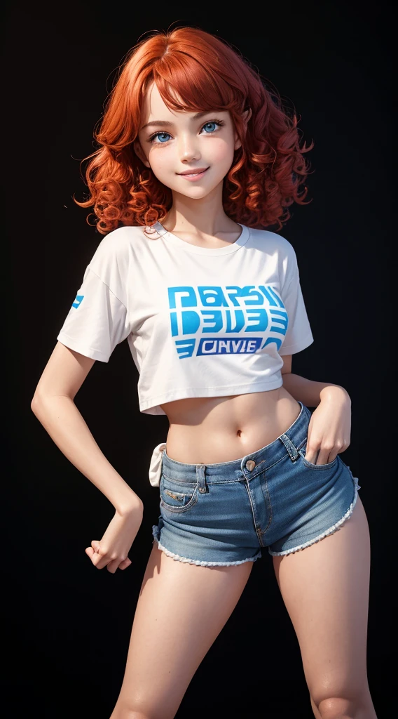 Assian girl, contagious smile, round face, 1.50 tall, , curly red hair, blue eyes, perfect breasts, perfect butt, toned legs. Clothing: short t-shirt, tight shorts and sneakers. Confident pose with a delicate personality, with a black background.