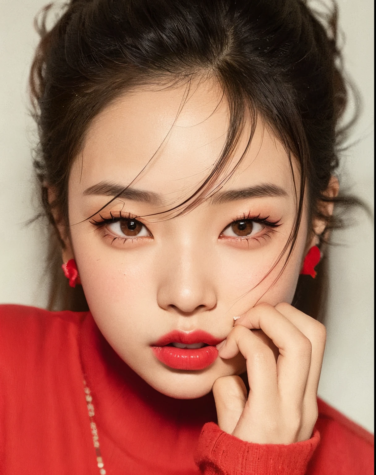 a closeup of a woman wearing a red sweater and red lipstick, Blackpink Jennie, red lipstick on face, Jinyoung Shin, labios rojos tenues, Lee Ji - Eun, Lee Ji-eun, young cute wan asian face, Retrato Jisoo Blackpink, maquillaje popular de Corea del Sur, labios rojos, Heonhwa Choe, Joven y adorable rostro coreano, Gongbi, Asian face