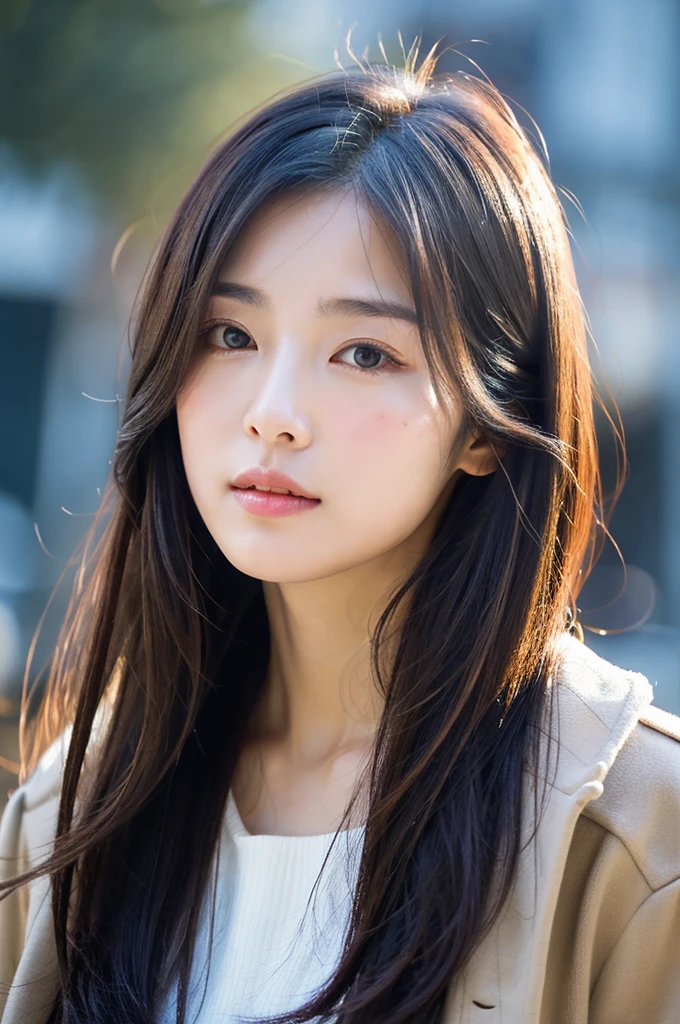 (1 beautiful Korean star) hair down to the neck, Thin makeup, small chest size, Wearing a coat, in the winter, Clear facial features, 8K high resolution, Sharp, realistic detail.From the outside, Eye-level shots, f/4.0, 135mm, Fujifilm, jpeg artifacts, dithering, UHD, masterpiece, s whole body, Upper body body, correct posture, Forward-looking, facing forward
