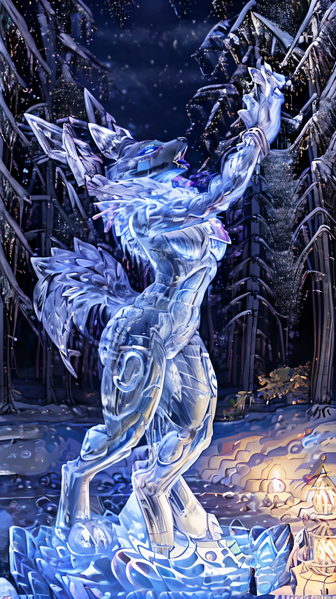(Ice Fur), (Ice Skin), (1 Ice Statue), Frozen Renamon, Female, Fountain Square, Snowstorm, Restrained, Bondage, Orgasm, On the Verge of Orgasm, Orgasm Face, Climax String, Top Quality, Highly detailed, 4k, 8k, high resolution, absurd resolution, (masterpiece)